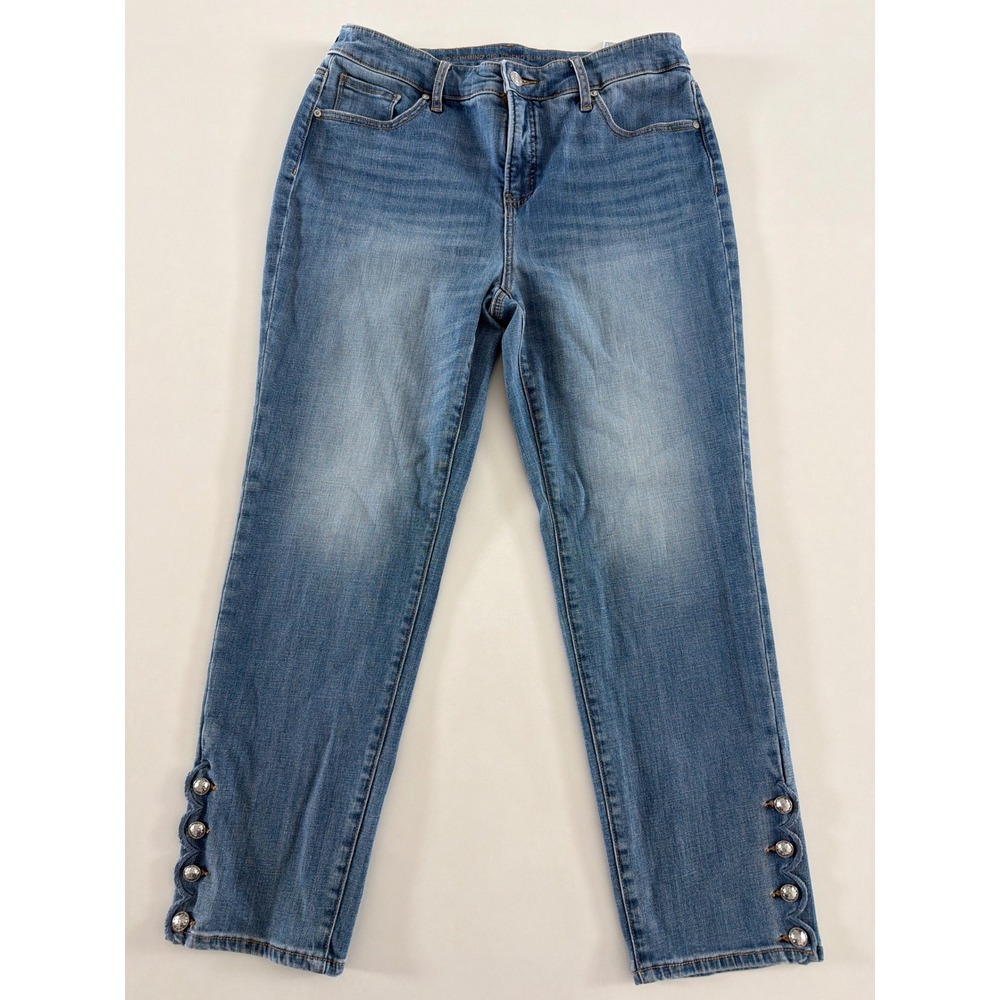 Chicos So Slimming Girlfriend Slim Leg Ankle Jeans Blue Button Hem 30" Waist